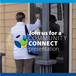 Invitation to community connect presentation with man knocking on door to home